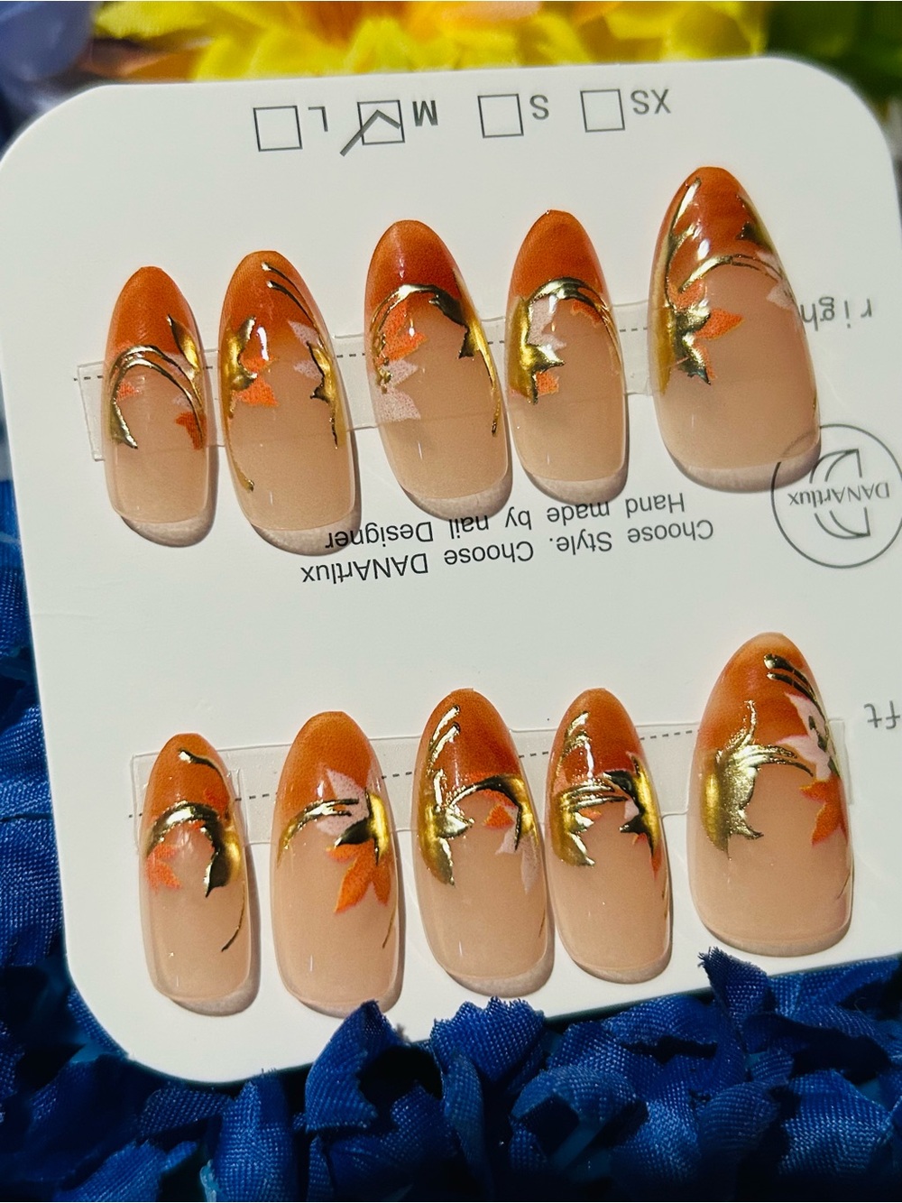 Orange Tones Floral Gold Accent Press-On Nails 💅 10pcs #305